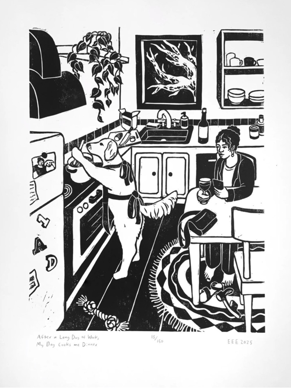 Black & White Kitchen Print - Dog Cooking Artwork Linocut Print